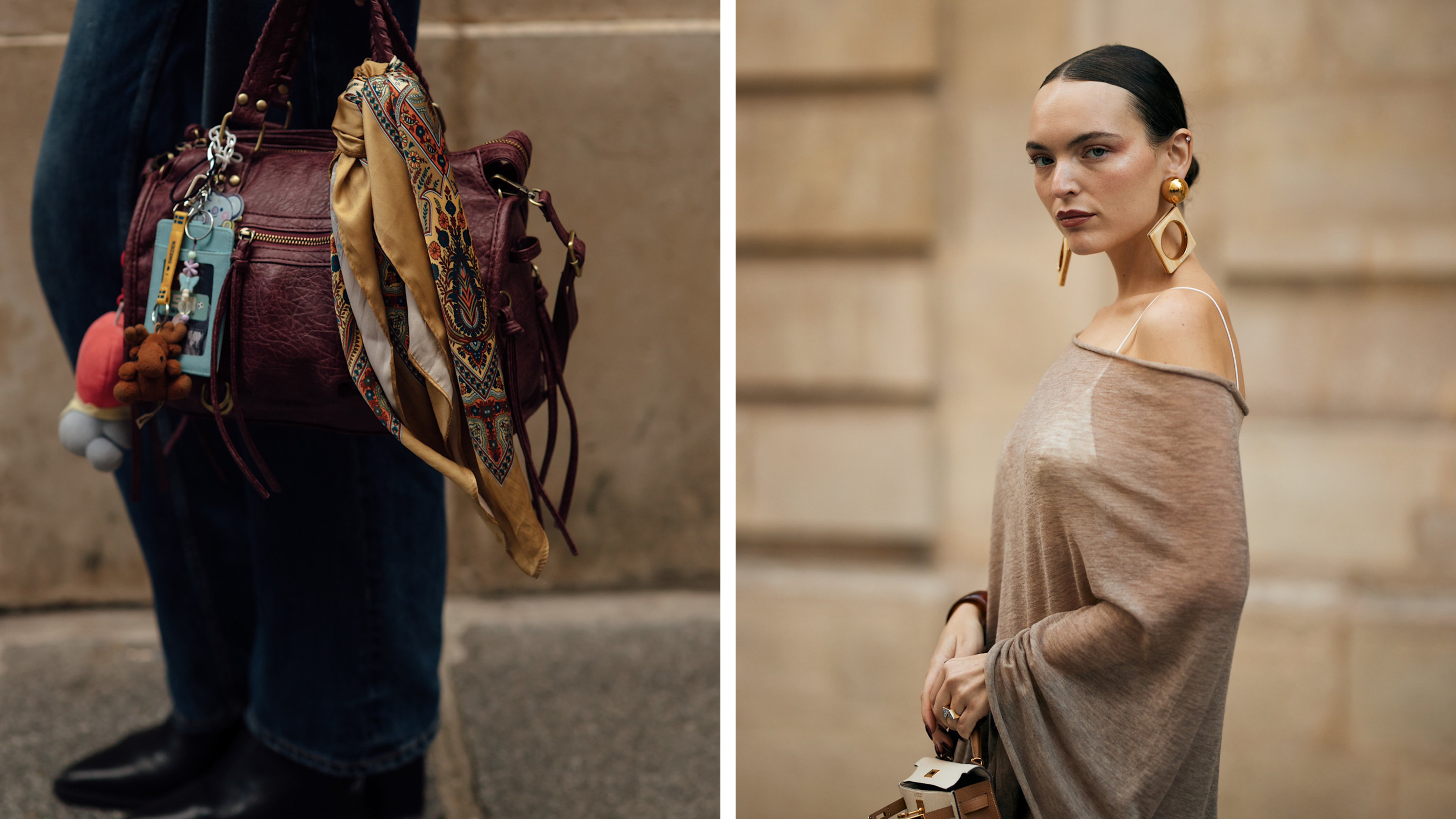 Burgundy leather bag with scarf and bag charms. Woman in gold dangly earrings.