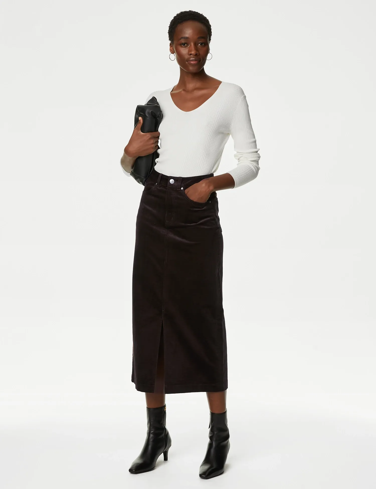 Cord Midi Split Front Skirt