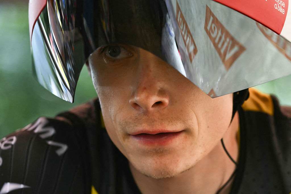 Team Visma - Lease a bike team&#039;s Danish rider Jonas Vingegaard awaits the start of the 13th stage of the 112th edition of the Tour de France cycling race, 10.9 km individual time trial between Loudenvielle and Peyragudes, in the Pyrenees mountains of southwestern France, on July 18, 2025. (Photo by Marco BERTORELLO / AFP)