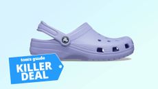 purple crocs on blue deals background