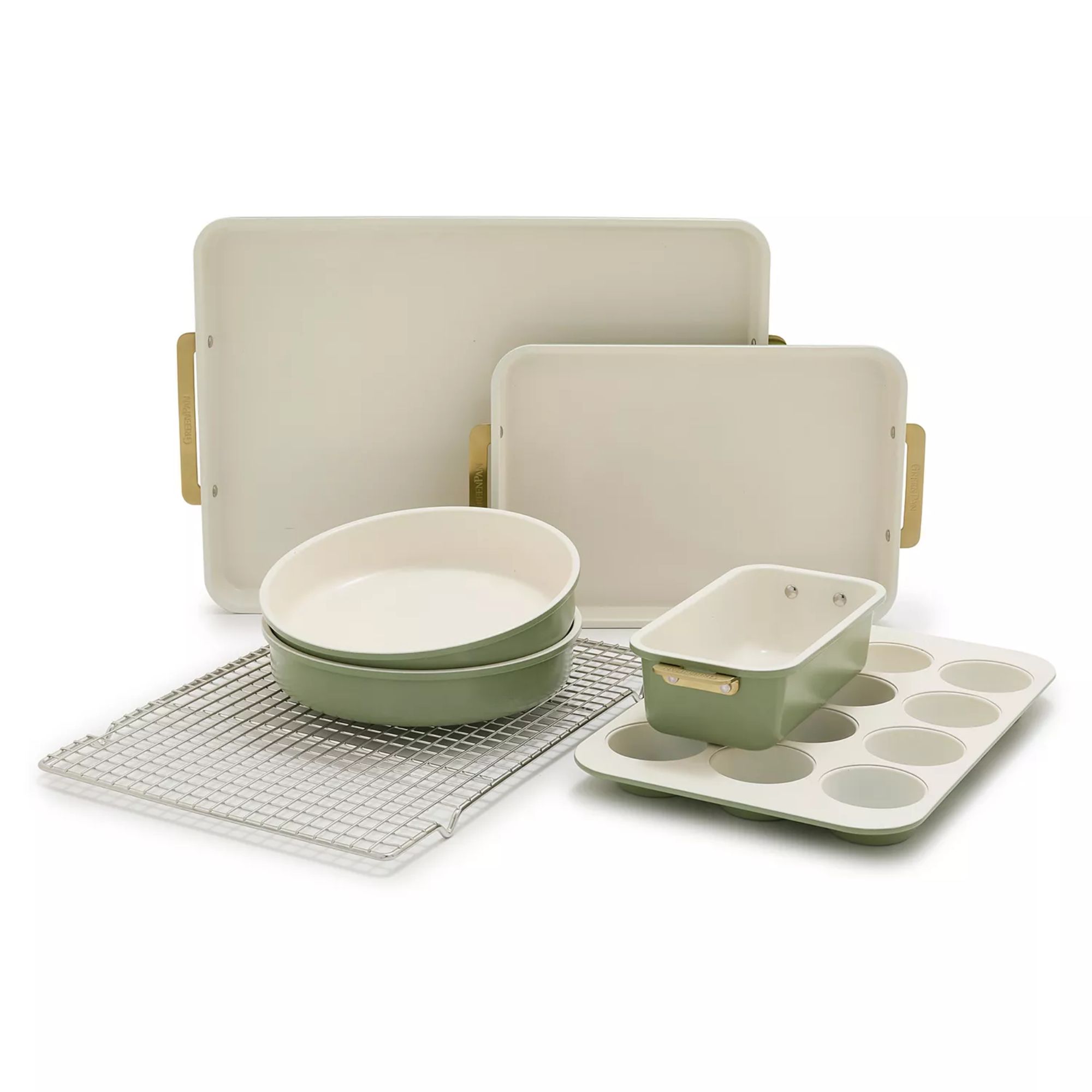 Sage green ceramic bakeware set with wire rack