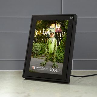 video call device with a screensaver of a child in a crocodile costume