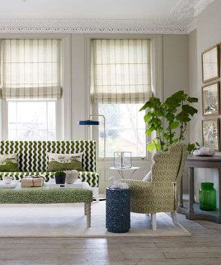 Living room pictures example with green patterned sofa, chair, ottoman and blinds in a neutral color scheme.