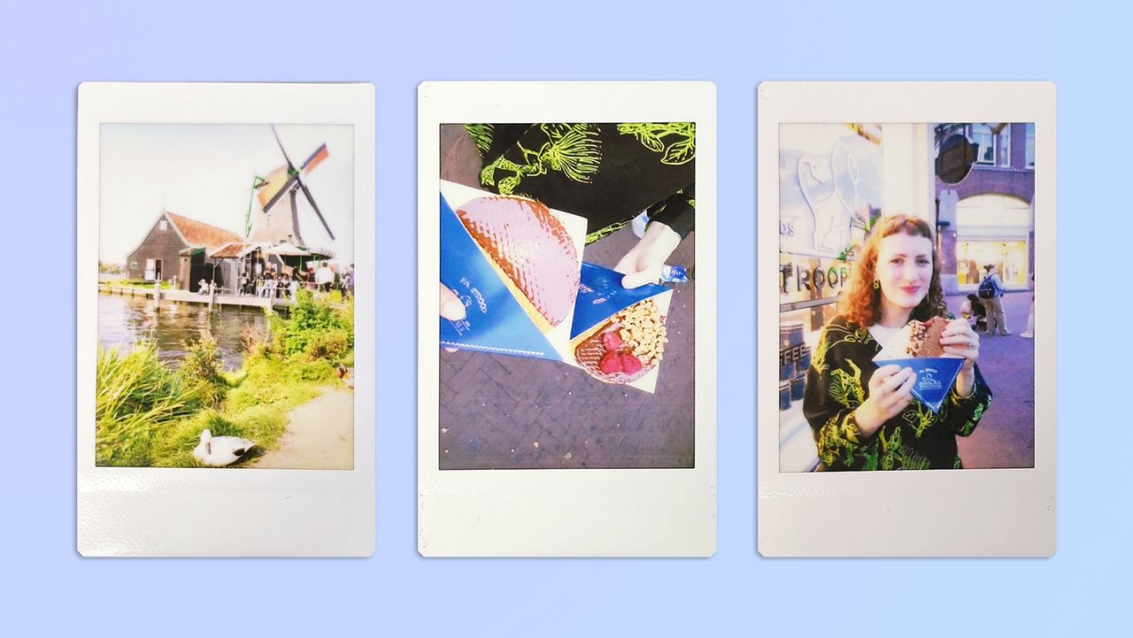 A photo of a windmill and a photo of two stroopwafles next to a photo of a woman, taken on a Fujifilm Instax mini Evo instant camera