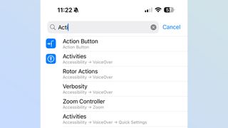Action button menu on iPhone 15 Pro