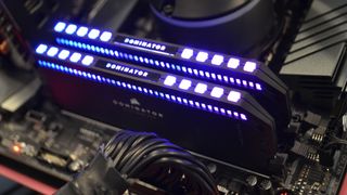 Corsair Dominator Platinum RGB DDR5 RAM inserted into a motherboard