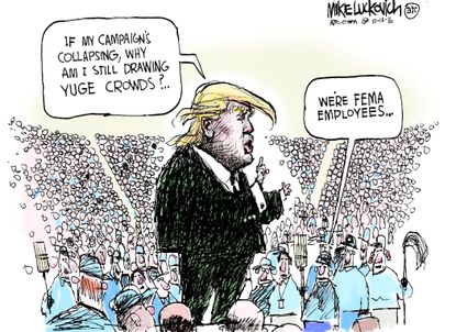 Political cartoon U.S. 2016 election Donald Trump support FEMA