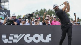 Dustin Johnson teeing of at a LIV Golf event