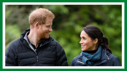 Prince Harry and Meghan Markle outdoors in greenery in the wintertime