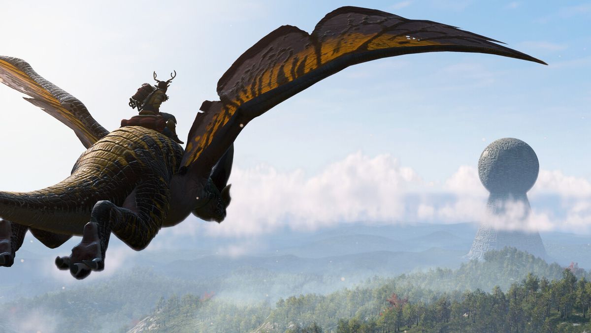 A dragon flying through the sky with a rider on its back toward a strange large round building