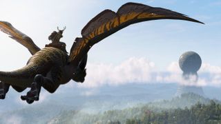 A dragon flying through the sky with a rider on its back toward a strange large round building
