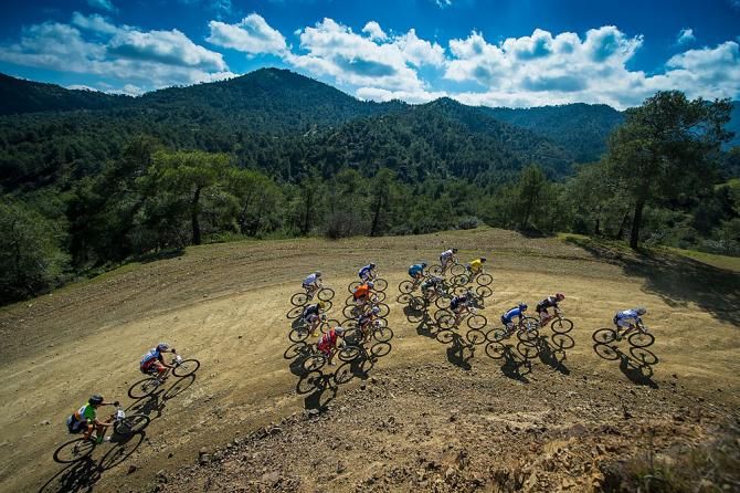 The lead group in the men's race at the Afxentia stage race in the Cyprus Sunshine Cup