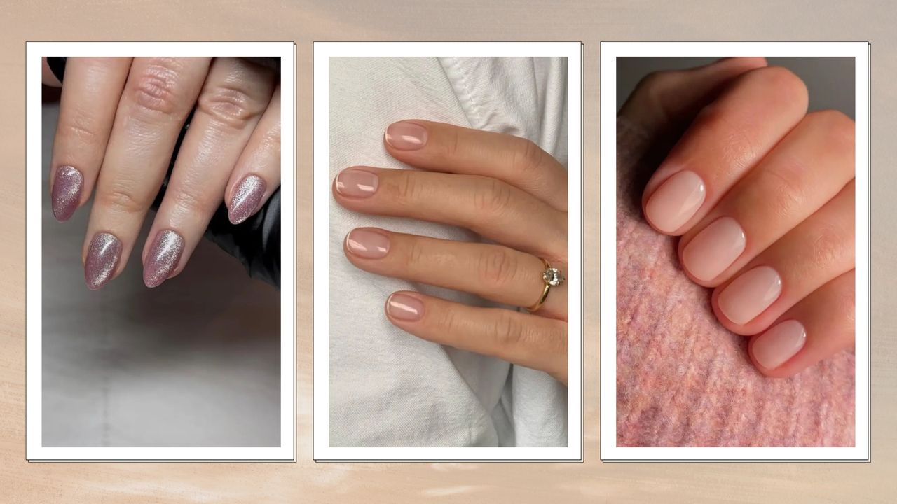 On the left, a hand with a pink cat-eye glitter manicure is pictured, alongside a hand with mini French tip nails, both created by nail artist, Megan Rose and on the right, is a close-up of a hand with short, sheer pink nails, created by nail artist, Mateja Novakovic/ in a sunset-style 3-picture template