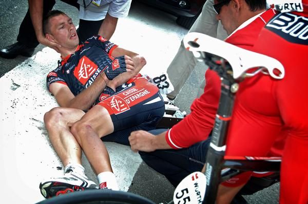Arnaud Coyot (Caisse d'Epargne) was the worst off in the wreck, with a suspected hip fracture.