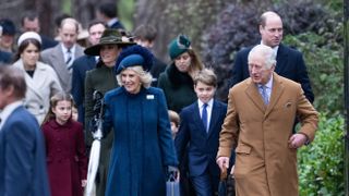 Princess Charlotte, Catherine, Princess of Wales, Queen Camilla, Prince Louis, Prince George, King Charles III and Prince William, Prince of Wales attend the Christmas Day church service at on December 25, 2022