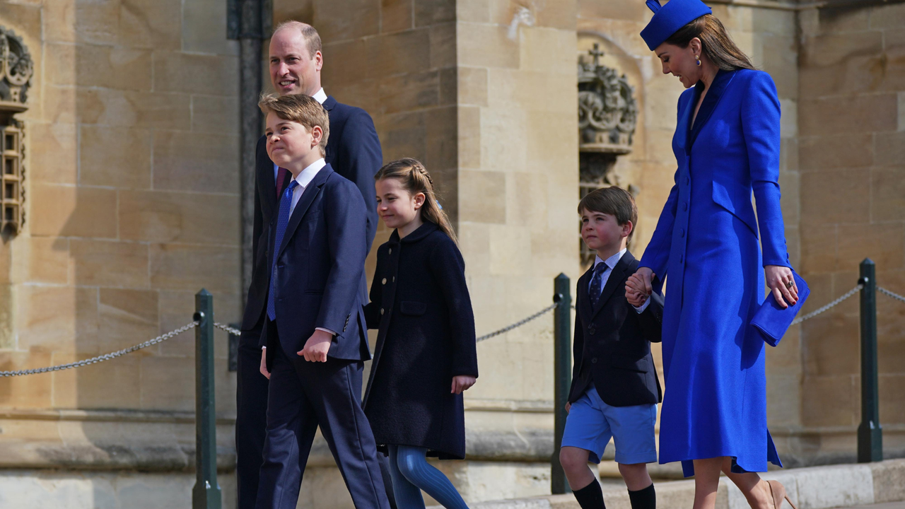 Prince George of Wales, Prince William, Prince of Wales, Princess Charlotte of Wales, Prince Louis of Wales and Catharine, Princess of Wales attend the Easter Mattins Service at Windsor Castle on April 9, 2023 in Windsor, England.