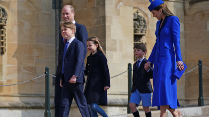 Prince George of Wales, Prince William, Prince of Wales, Princess Charlotte of Wales, Prince Louis of Wales and Catharine, Princess of Wales attend the Easter Mattins Service at Windsor Castle on April 9, 2023 in Windsor, England.