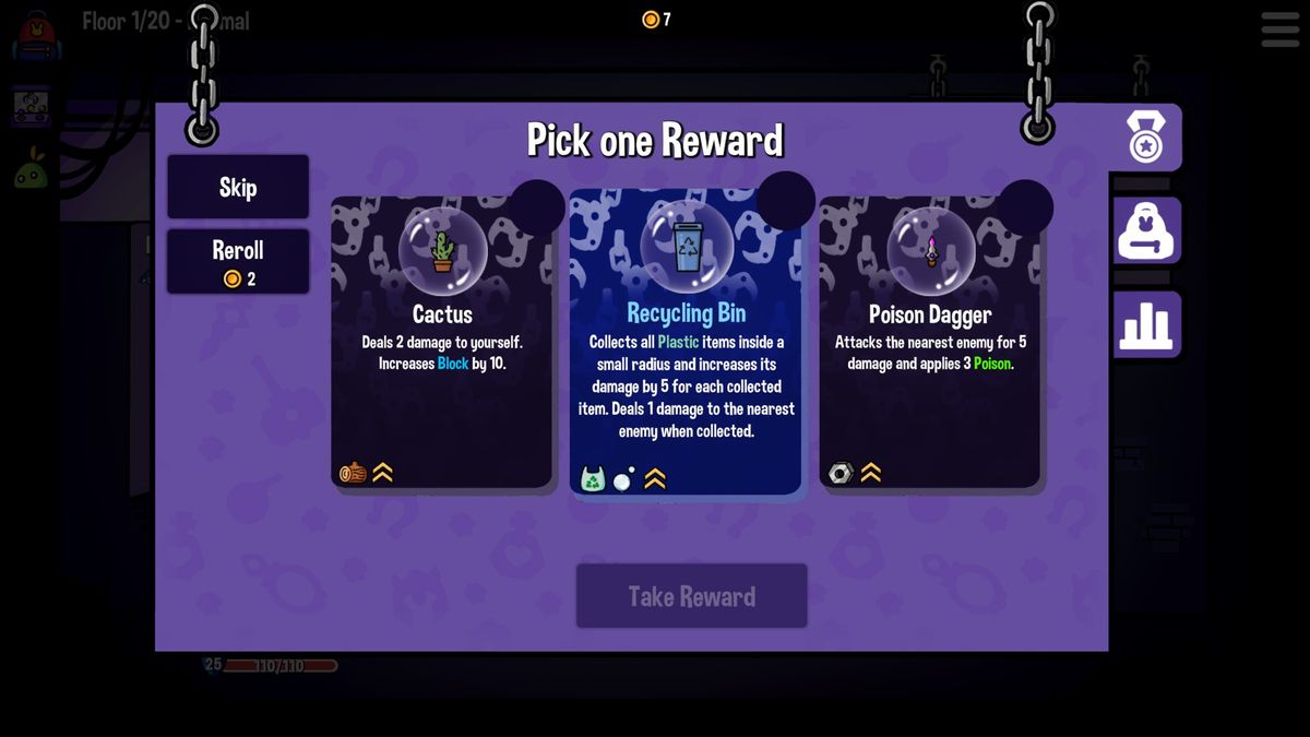 Several images showing gameplay of Dungeon Clawler, including a battle screen against ab oss, three randomly selected cards, and a pachinko machine.