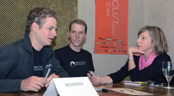 U23 rider Oscar Clark is interviewed by the media.