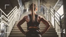 Woman running up stairs