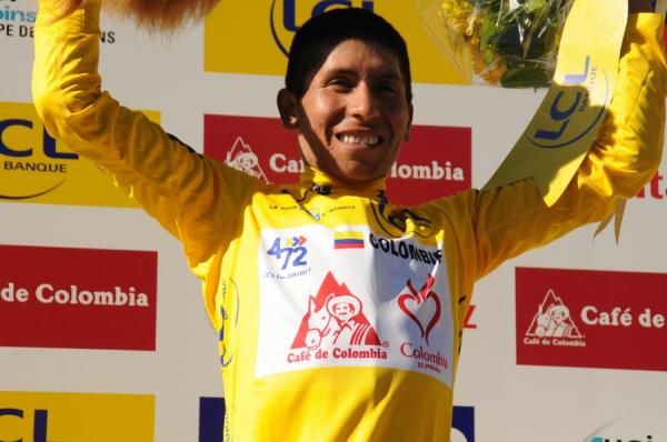 Colombia's Alexander Quintanarojas on the final podium as winner of the Tour de l'Avenir.