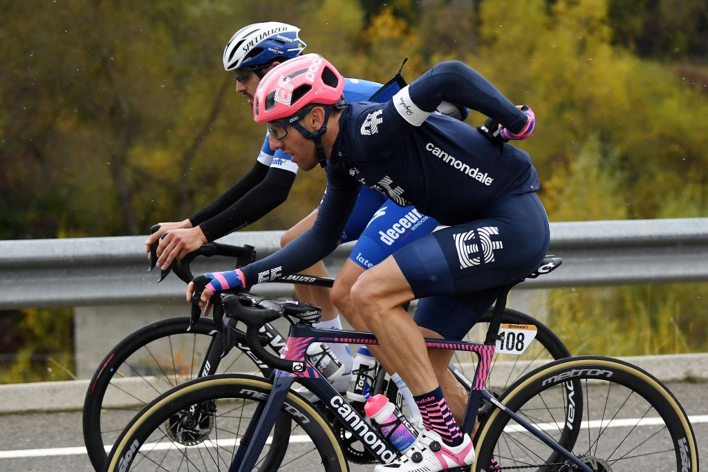 SALLENT DE GLLEGO SPAIN OCTOBER 25 Michael Woods of Canada and Team EF Pro Cycling Mattia Cattaneo of Italy and Team Deceuninck QuickStep during the 75th Tour of Spain 2020 Stage 6 a 1464km stage from Biescas to Sallent de Gllego Aramn Formigal 1790m lavuelta LaVuelta20 La Vuelta on October 25 2020 in Sallent de Gllego Spain Photo by David RamosGetty Images