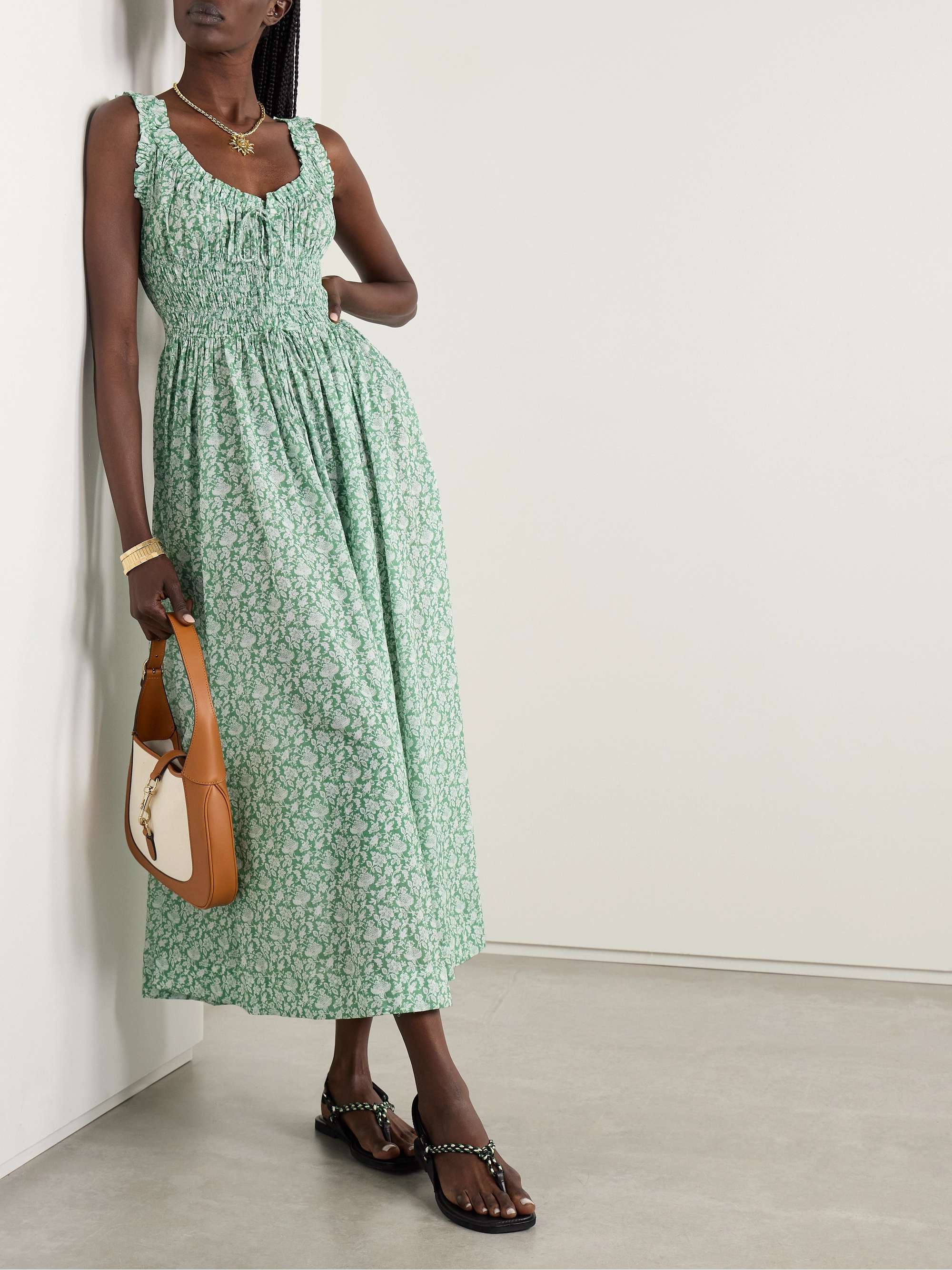 Emmaretta Tie-Detailed Shirred Floral-Print Organic Cotton-Voile Midi Dress