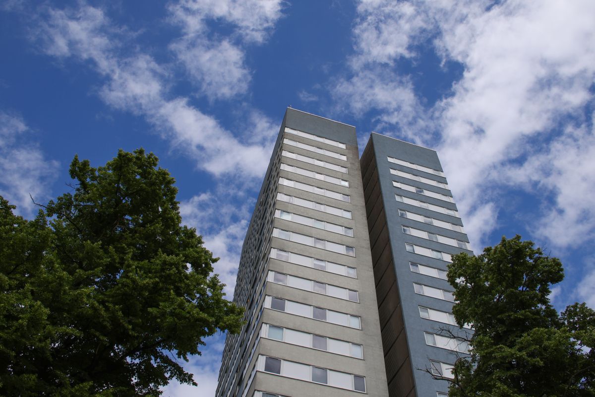 Zoomed-out image of twin housing blocks, taken on the Sigma 18-50mm f/2.8 DC DN | C Canon RF