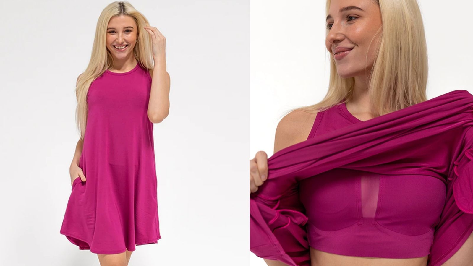 model wearing a tank dress in pink with built in bra