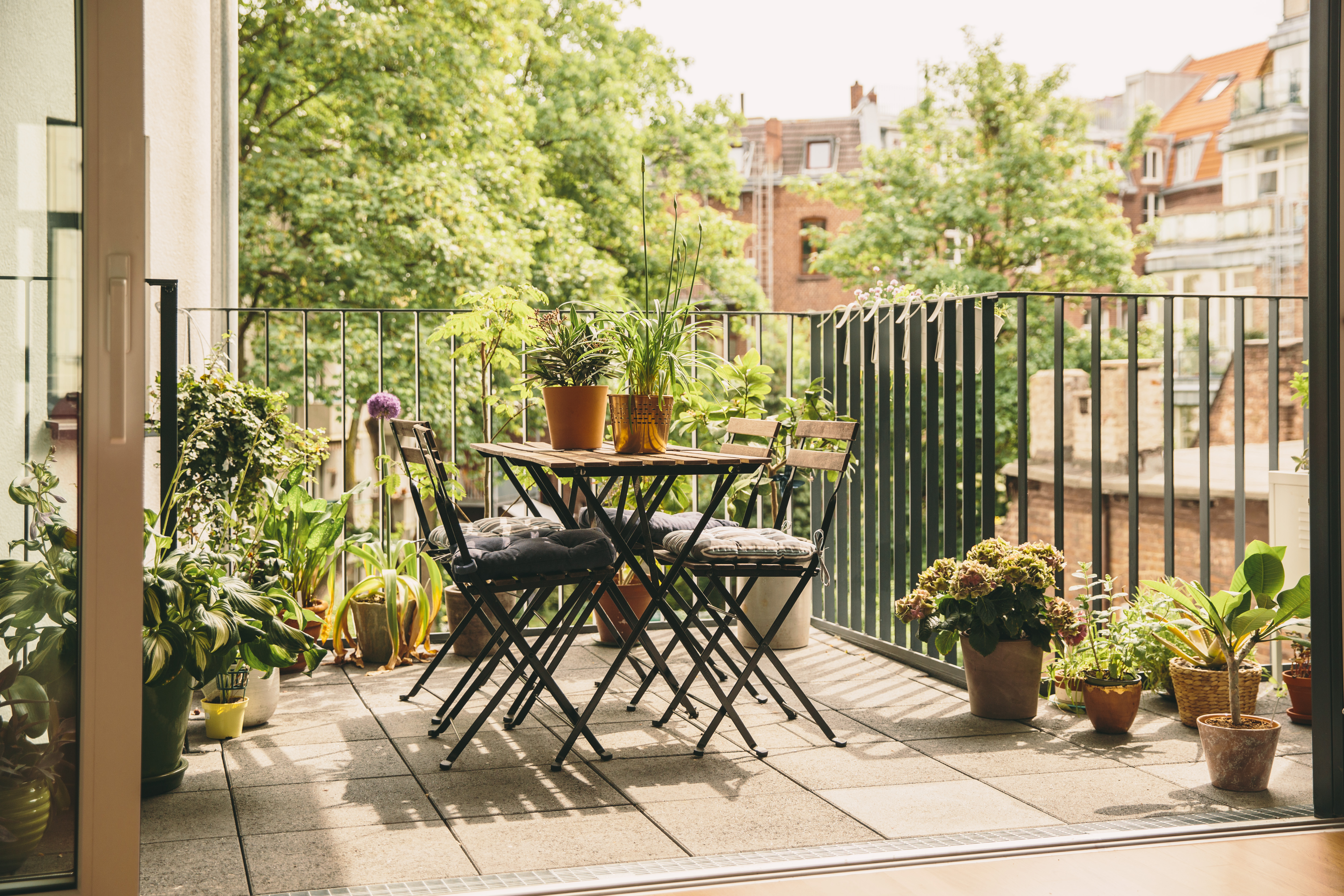 Dining area on an urban balcony