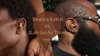 Beats Fit Pro x Kim Kardashian and JLab Go Air Tones earbuds worn by two people