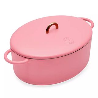 pink dutch oven on a white background