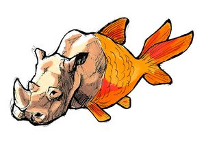 Animal-fish hybrid image with the top half as a rhino and bottom half a fish