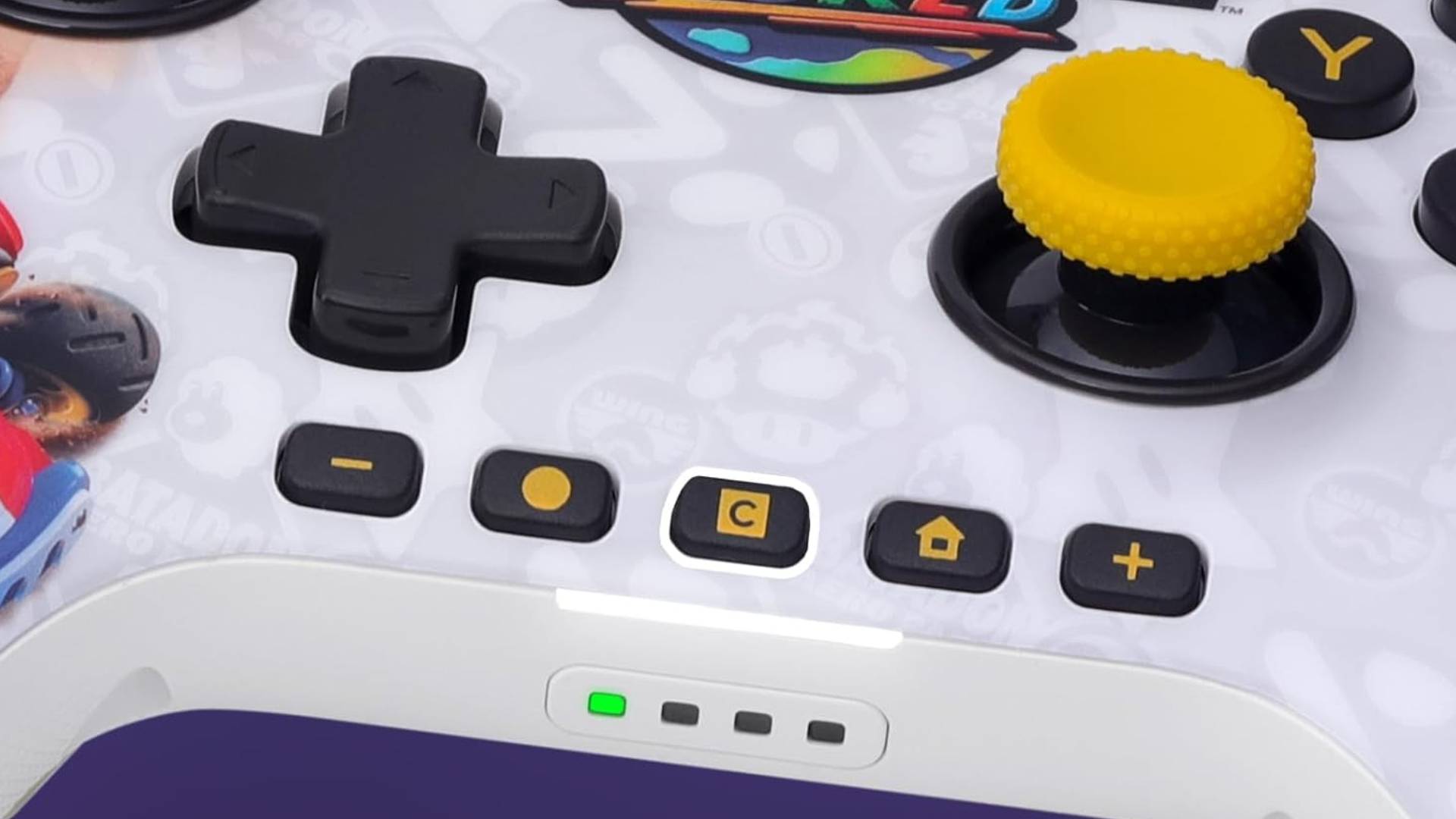 Official marketing image showing the buttons of the PowerA Mario Kart World Switch 2 controller.