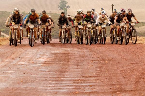 The lead bunch after 40kms during stage 5 of the 2012 Absa Cape Epic Mountain Bike stage race from the Overberg Primary &amp; High School in Caledon to Oak Valley Wine Estate in the Elgin Valley, South Africa on the 30 March 2012