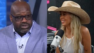 Shaquille O'Neal making a point on Inside the NBA and Hailey Welch speaking on the Plan Bri Uncut Podcast