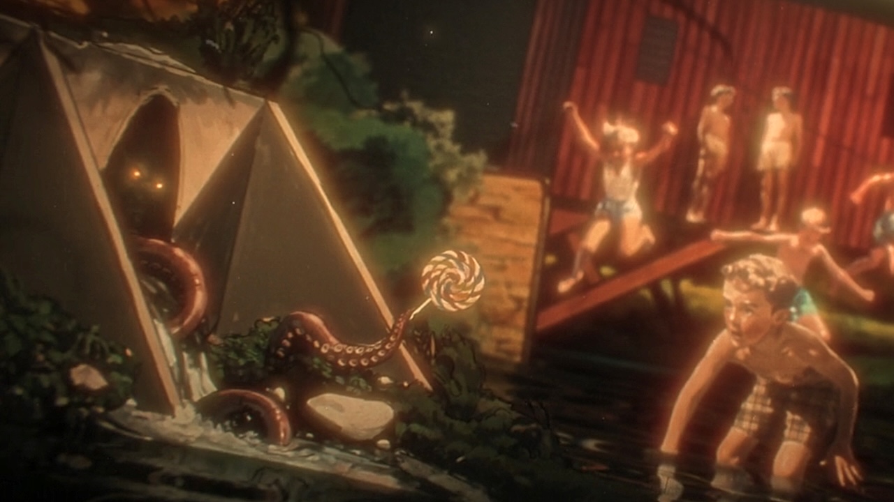 Tentacles coming out of sewer holding a lollipop to a young boy in opening titles of IT: Welcome to Derry