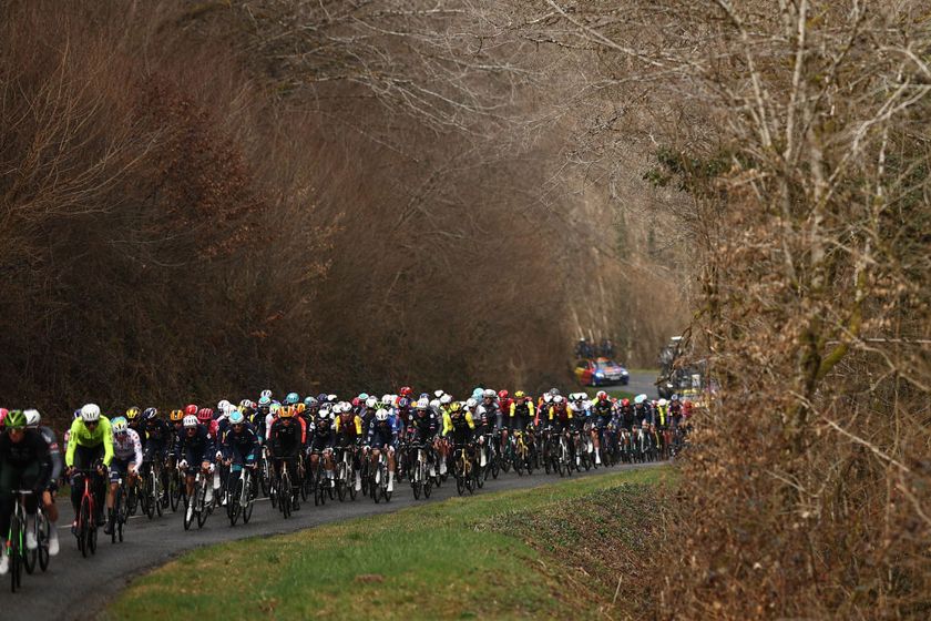 The pack of riders cycles during the 4th stage of the Paris-Nice cycling race, 163,4 km between Vichy and La Loge des Gardes, on March 12, 2025. (Photo by Anne-Christine POUJOULAT / AFP)