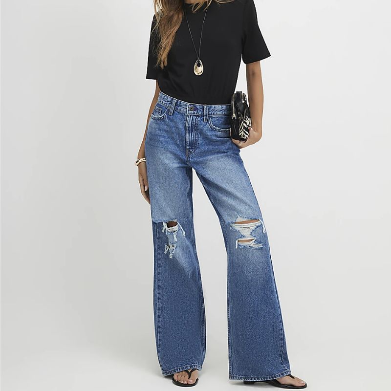Blue Ripped Relaxed Straight Leg Jeans on model