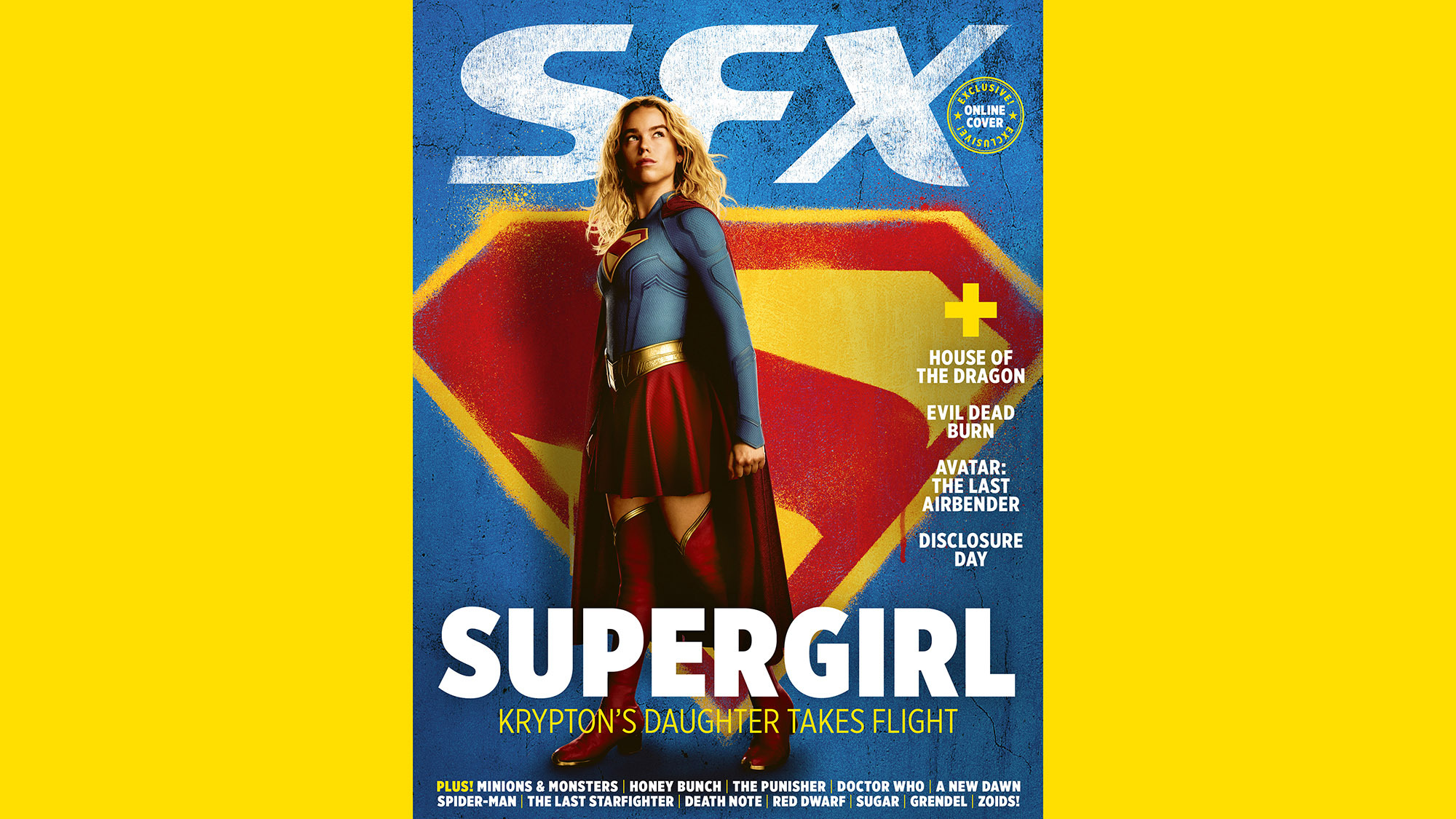Supergirl standing in front of the Super logo on a digital magazine cover for SFX