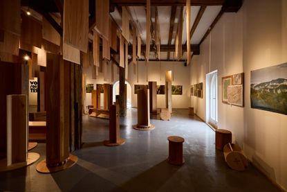 view of timber installationrepresenting an abstract forest, led by ahec, Wood for the Trees Exhibition @ Material Matters 