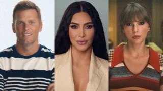 In side-by-side images, Tom Brady is shown in The Man in the Arena, Kim Kardashian in a promotional photo for The Kardashians and Taylor Swift in a music video.