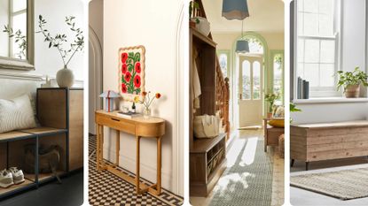  Compilation image showing four hallway images to suggest how to organise a small hallway