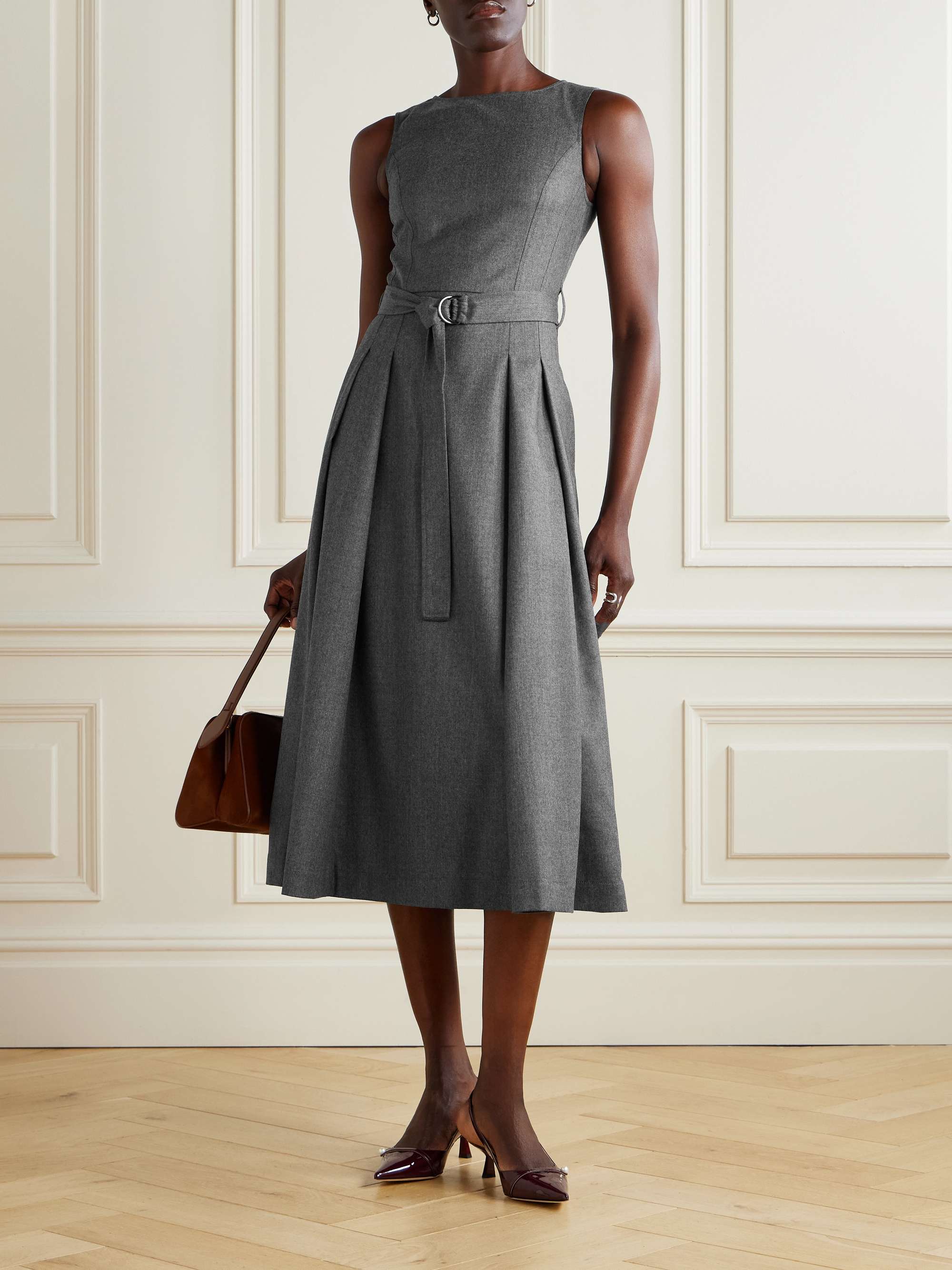Belted Pleated Wool Midi Dress