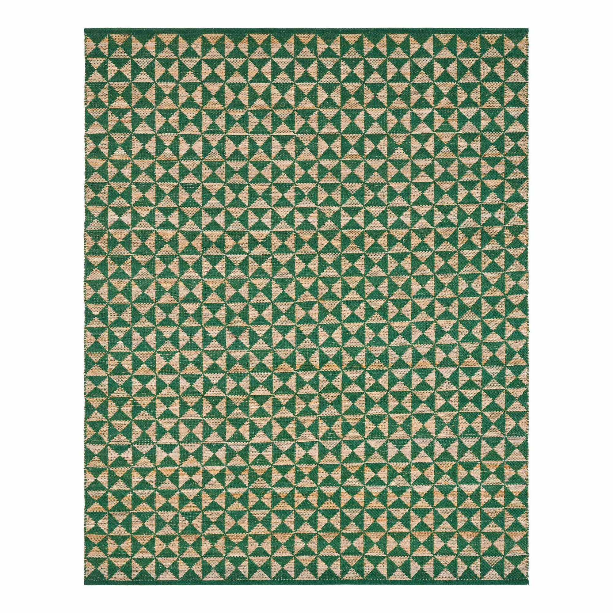 a green and beige jute rug with geometric patterns
