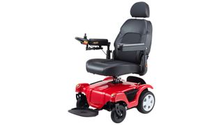 The Merits P312 Compact Dualer shown with a bright red base and deck, plus a deeply padded black seat with high back for neck support