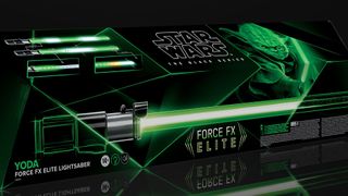 The box for the Yoda Force FX Elite Lightsaber on a black background