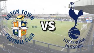 The Luton Town and Tottenham Hotspur club badges on top of a photo of Kenilworth Road stadium in Luton, England