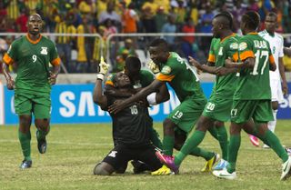 Zambia goalkeeper Kennedy Mweene celebrates after scoring a goal against Nigeria in the 2013 Africa Cup of Nations.