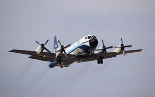 NOAA's Lockheed WP-3D Orion N42RF, also known as Kermit takes off from Tampa, Florida, on Jan. 18, 2017.
